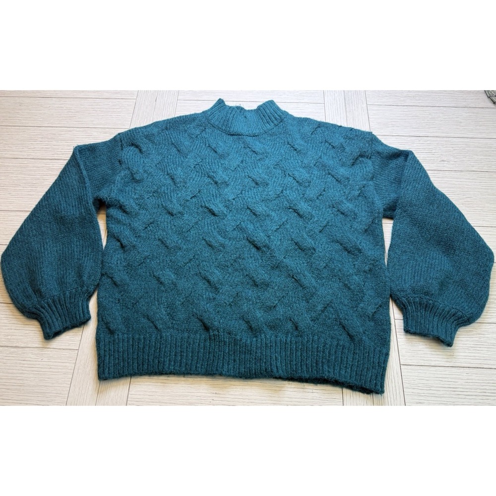 Nine West Chunky Cable Knit Teal Sweater Women M Balloon Sleeve Soft Cozy Wool